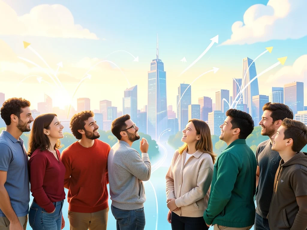 Young adults looking towards a bright future cityscape, symbolizing career opportunities.
