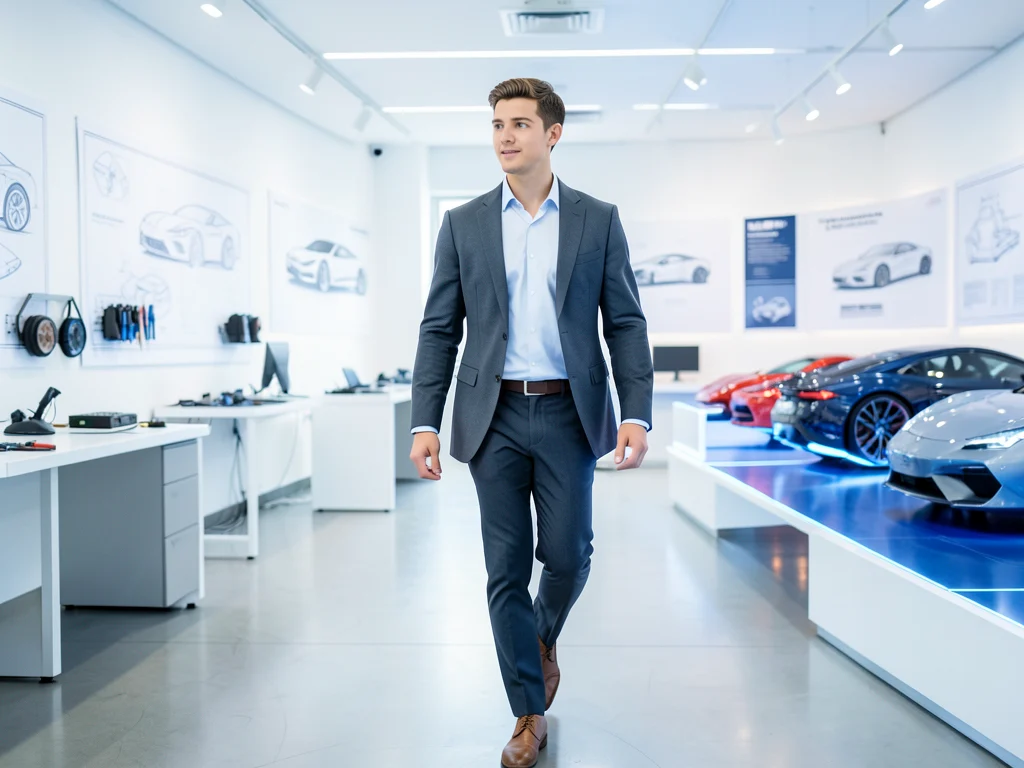 Young professional in an automotive design studio, symbolizing career opportunities.