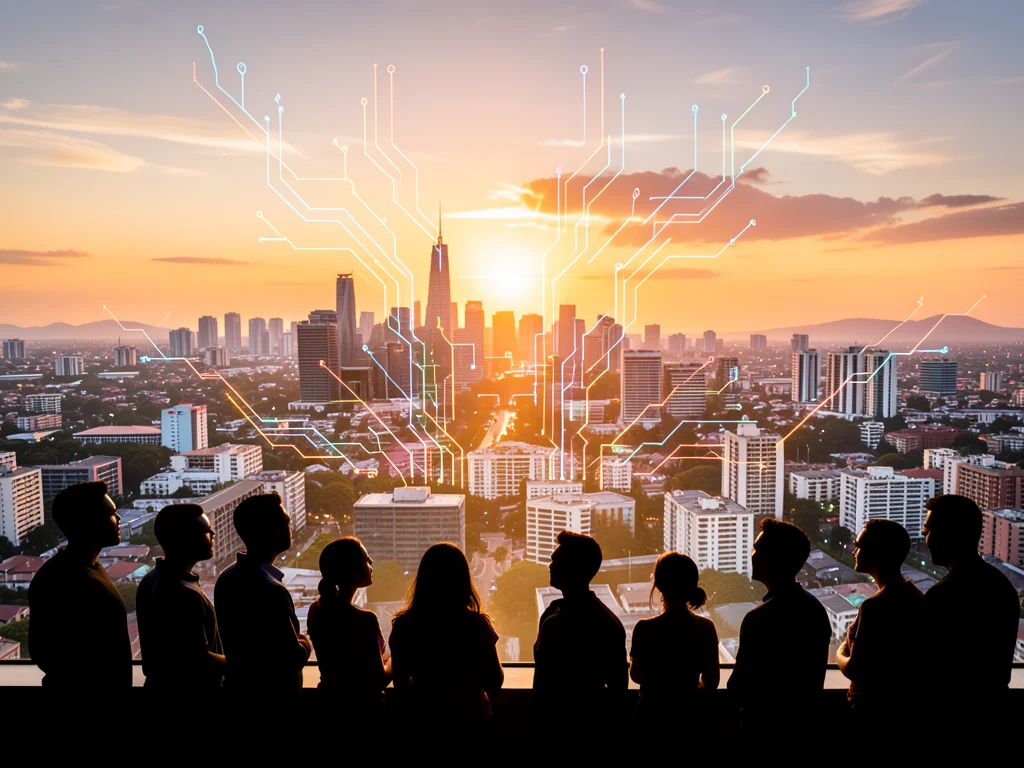 Johannesburg skyline with digital circuits, symbolizing tech career launch.