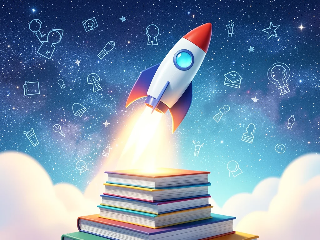 Rocket launching from books, symbolizing career growth in an internship program.