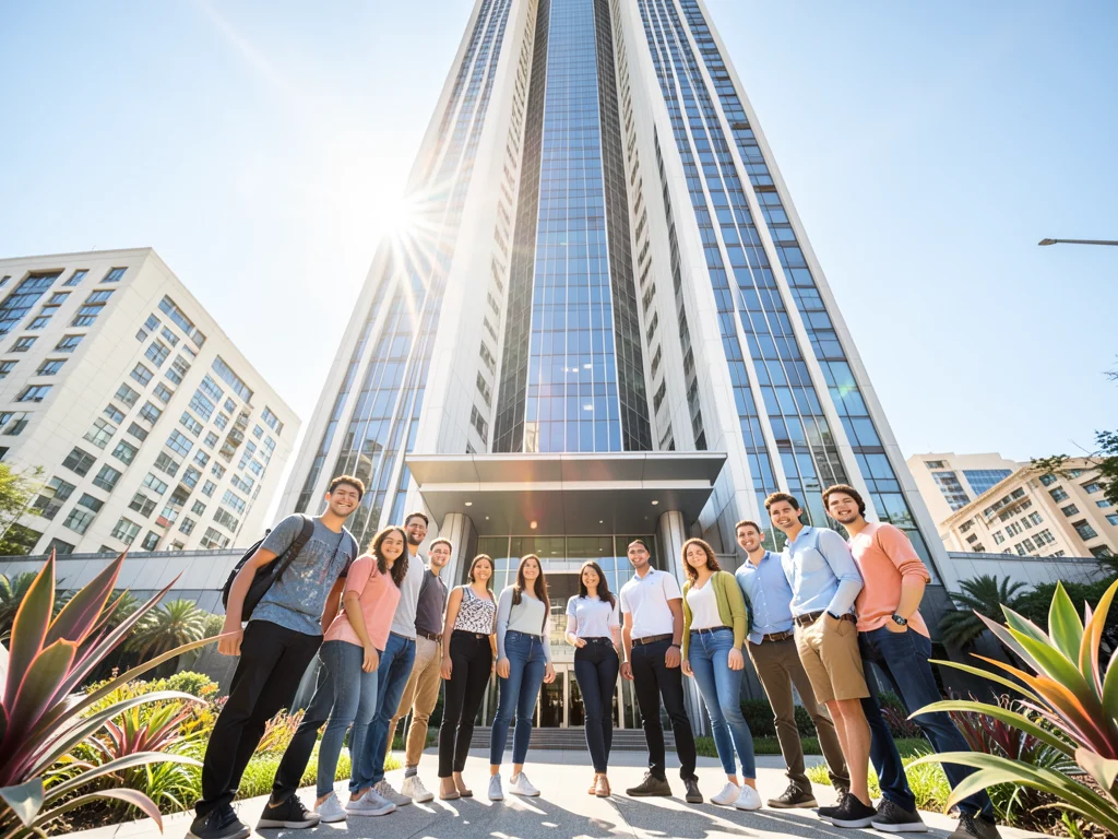 Diverse young professionals launching careers at a modern South African bank skyscraper.