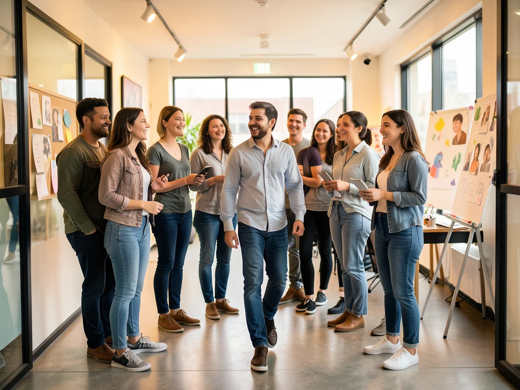 Interns stepping into a modern advertising agency, symbolizing the start of their career.