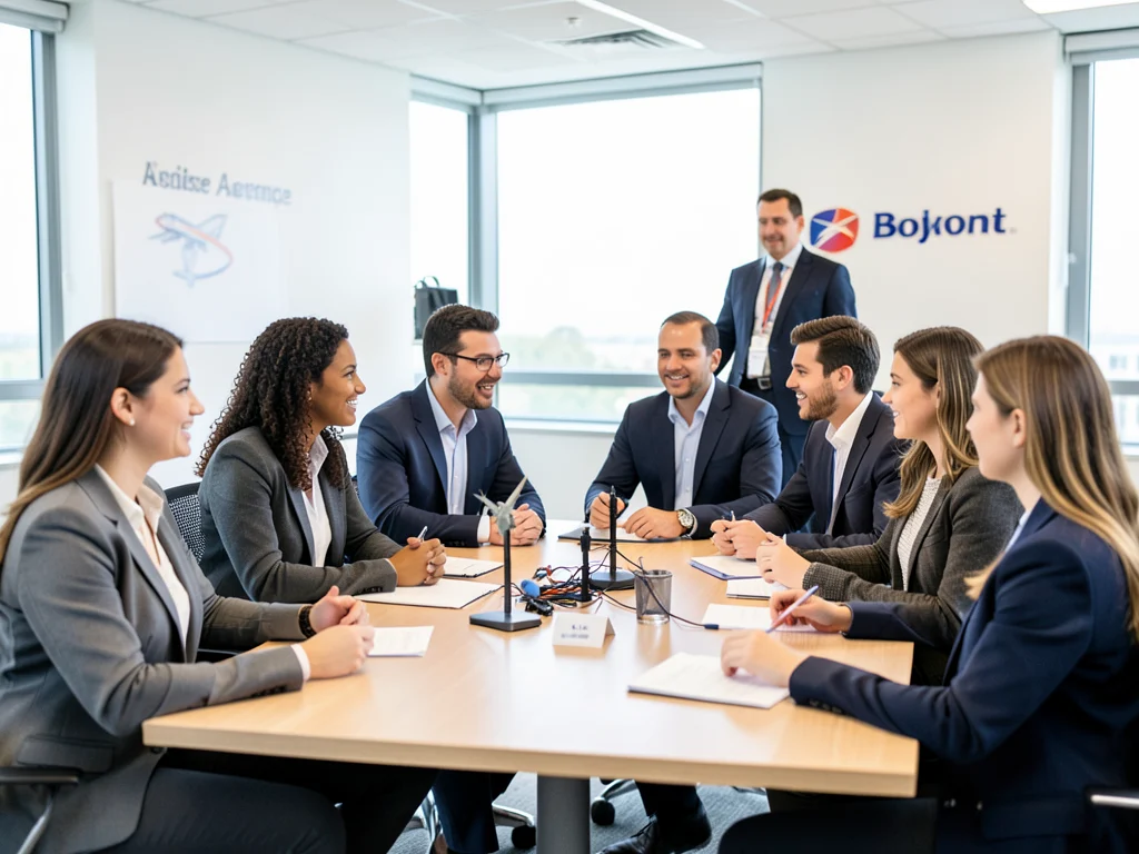 Interns collaborating on aerospace projects with a Boeing executive.