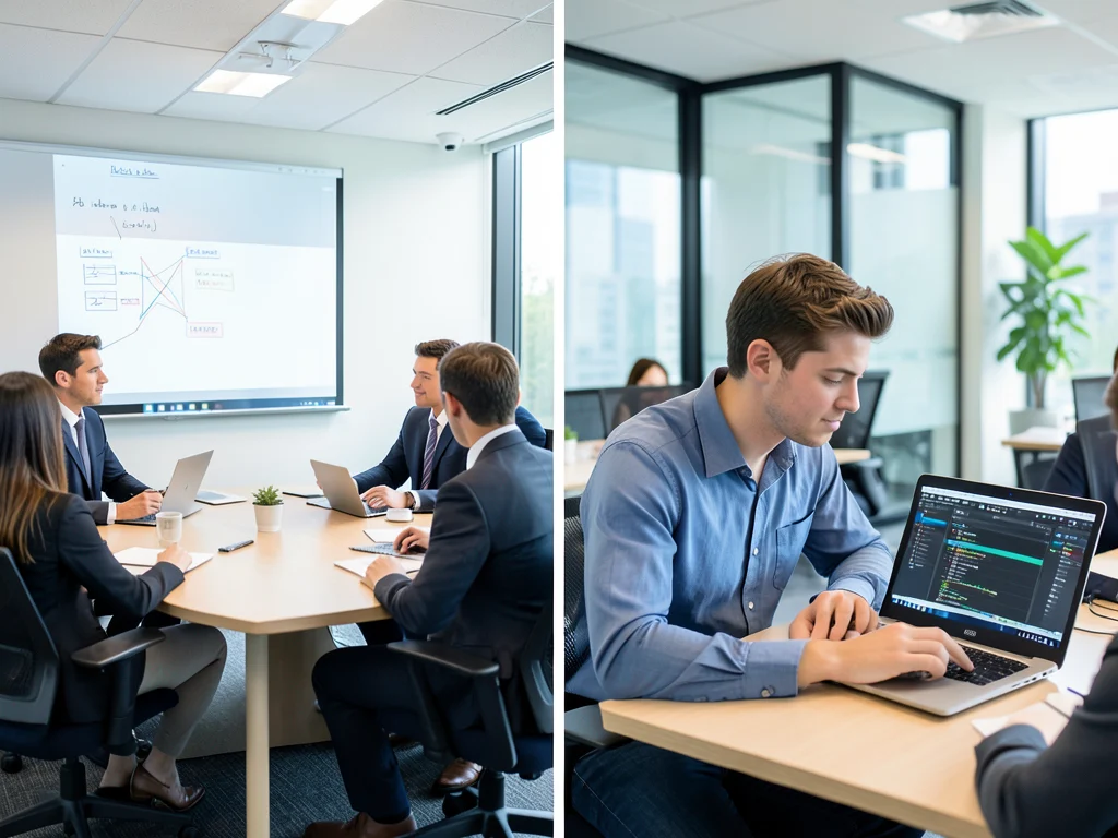 Interns presenting projects and analyzing data in a professional setting.