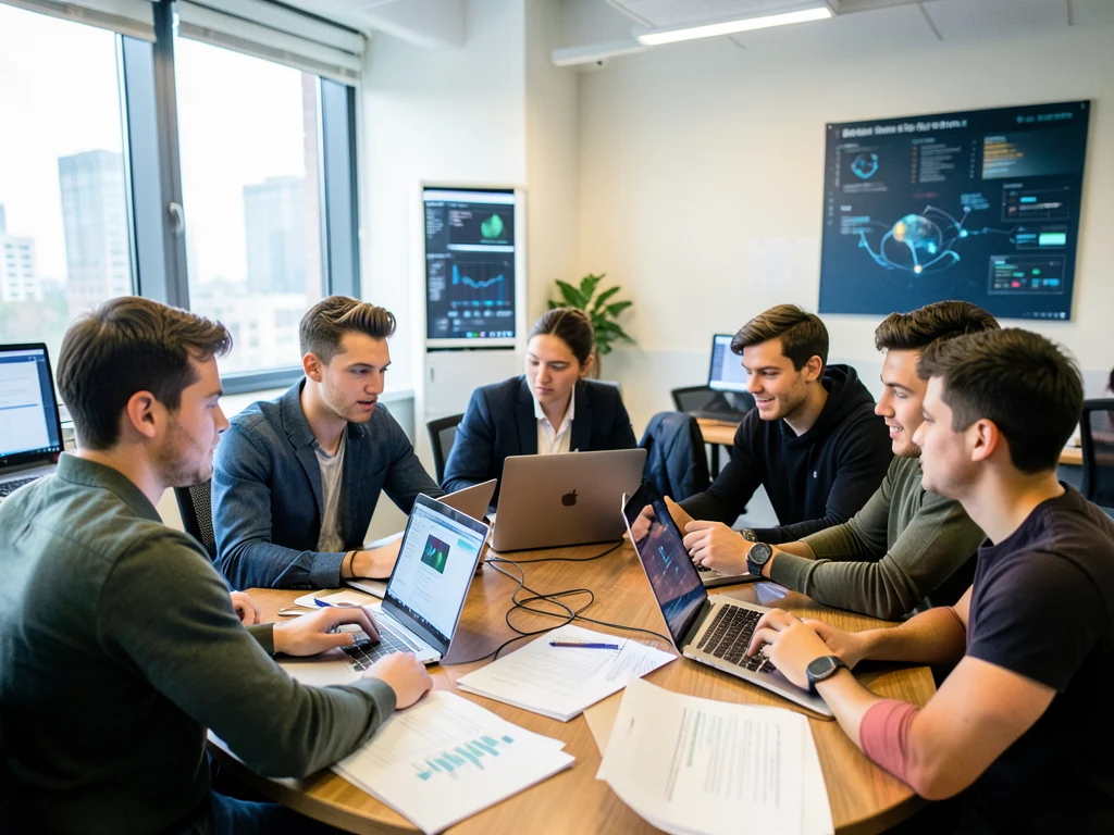 Interns collaborating and learning in a professional cybersecurity environment.