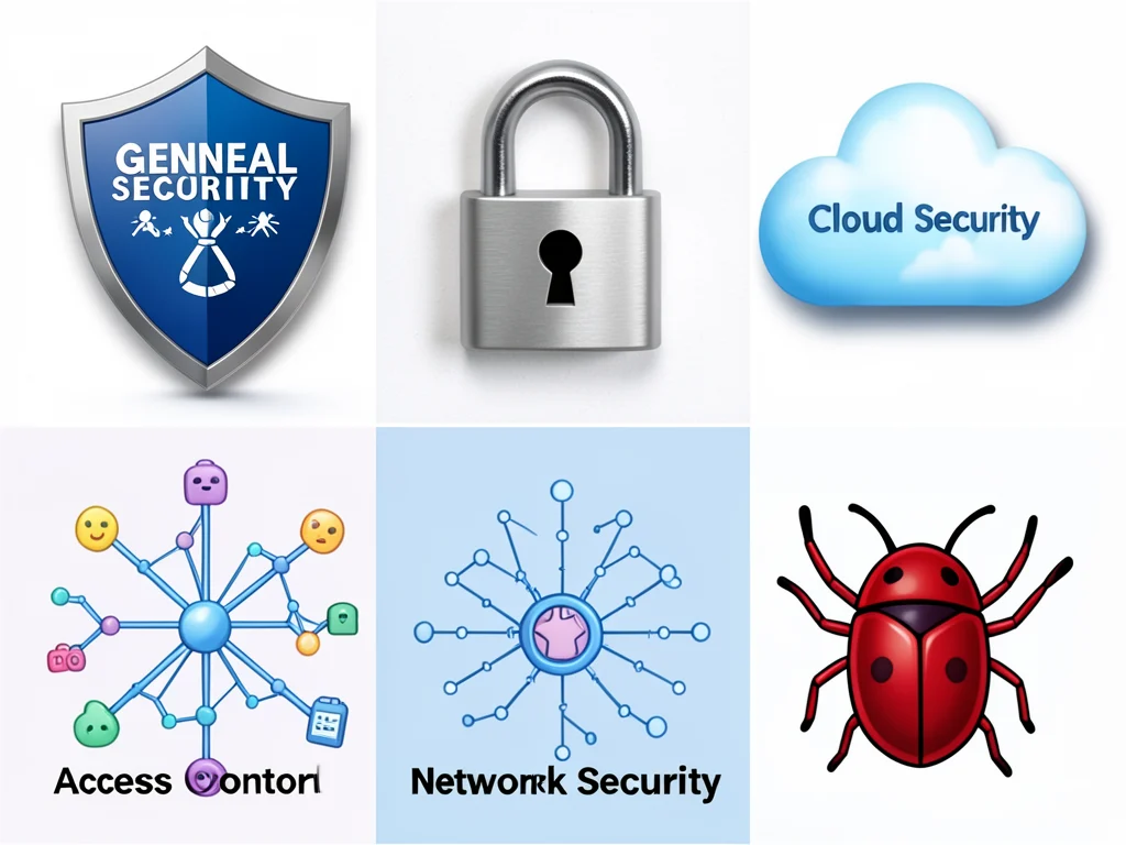 Icons representing core cybersecurity concepts like network security, cloud security, and access management.