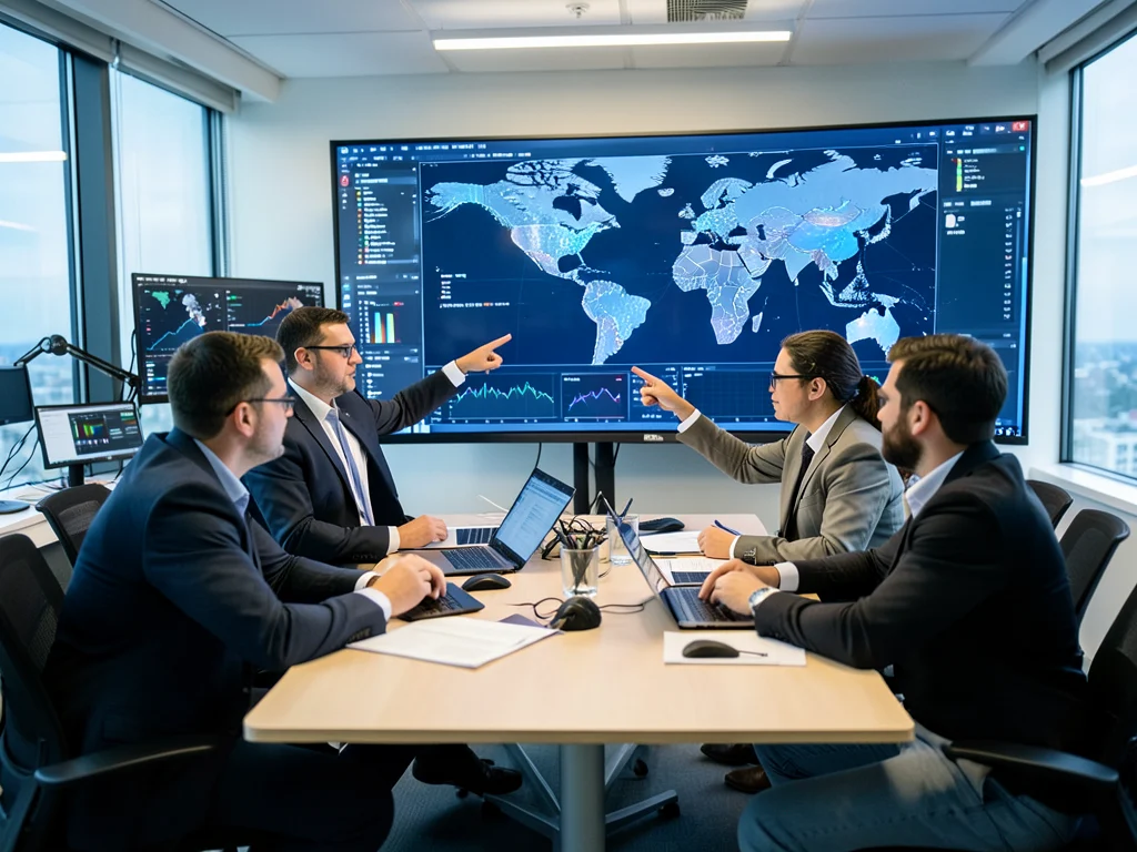 Intelligence analysts collaborating and analyzing complex data on a large screen.