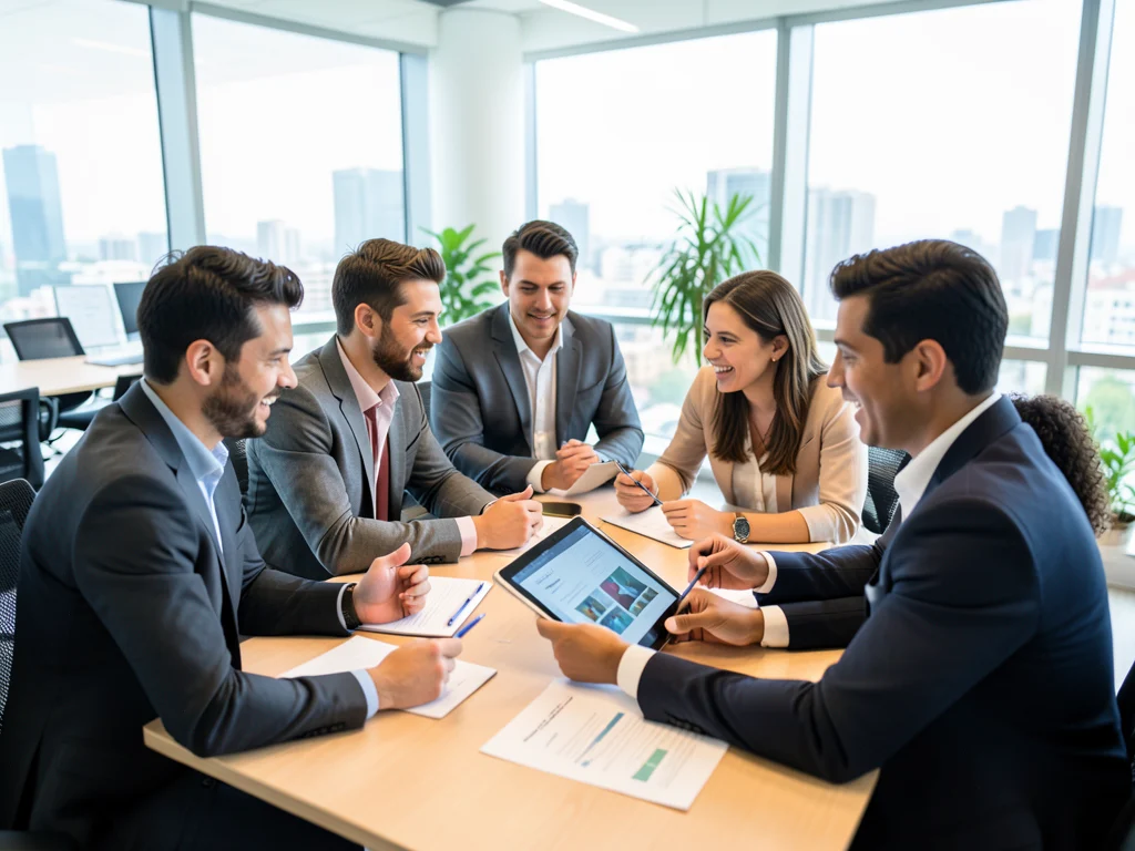 Interns collaborating on a project in a modern office environment.