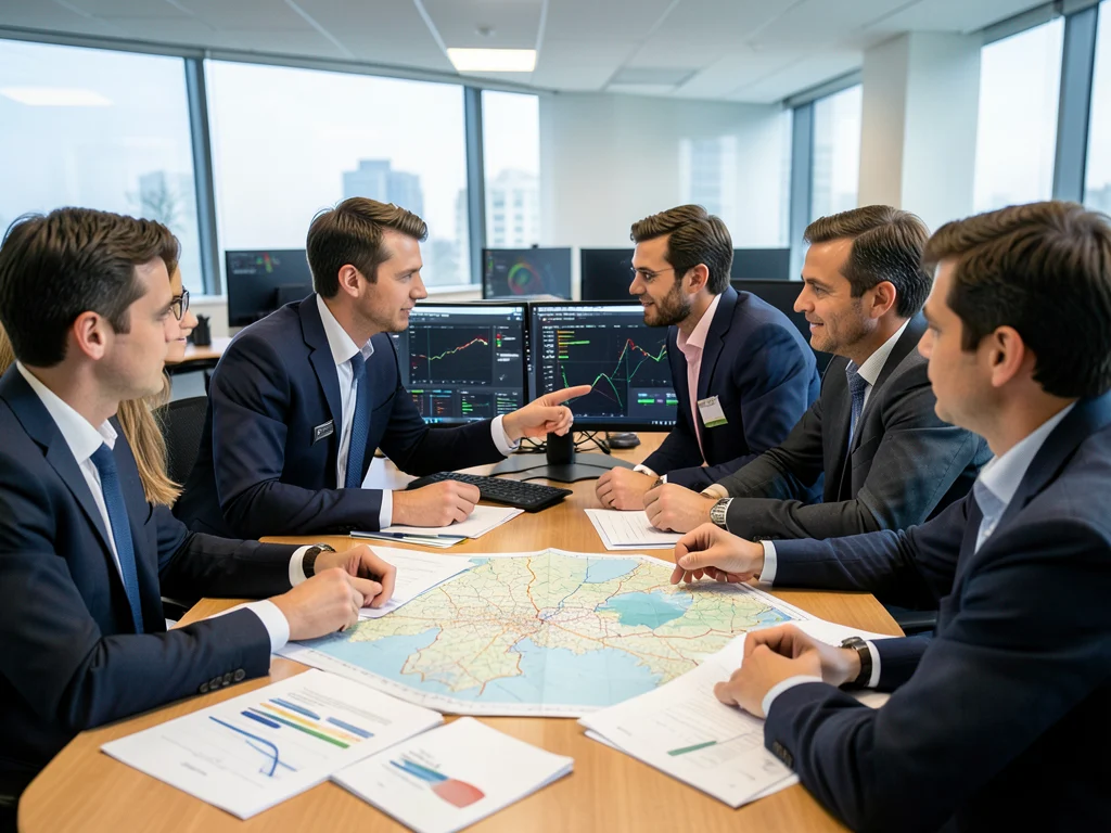 Intelligence analysts collaborating around a table with data and maps.