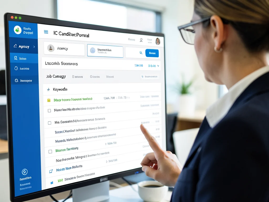 User interface of the IC Candidate Portal's job search function, with active filters and job listings.