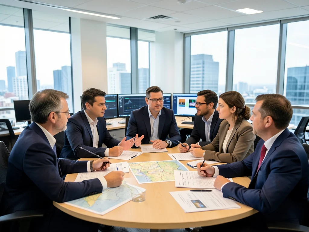 Intelligence analysts collaborating around a table with data visualizations.