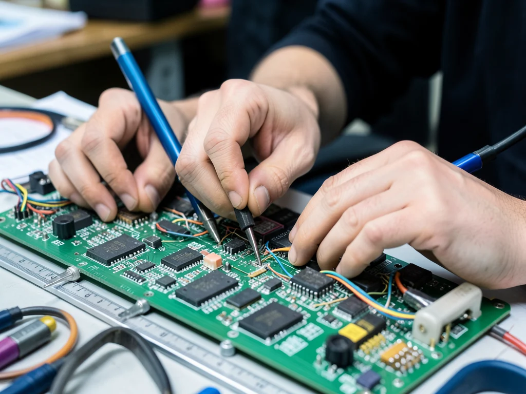 Student working on a circuit board.