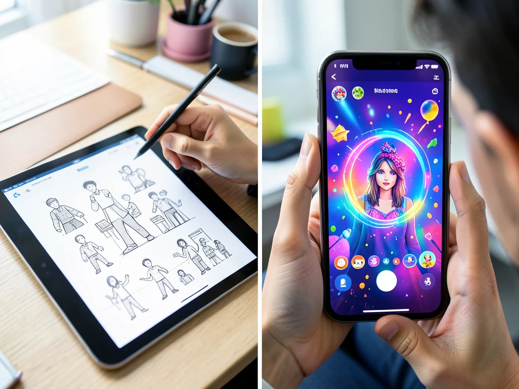 Designer conceptualizing AR effects for TikTok, with a user applying a filter on their phone.