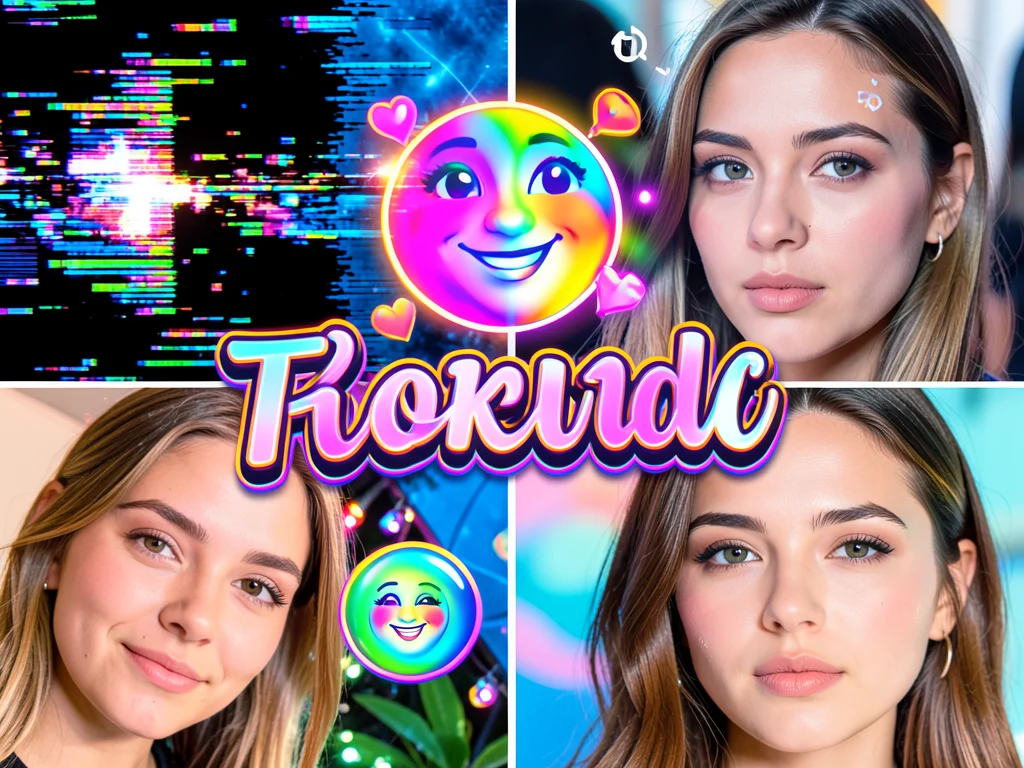Examples of diverse TikTok visual effects including transitions, filters, typography, and beautification.
