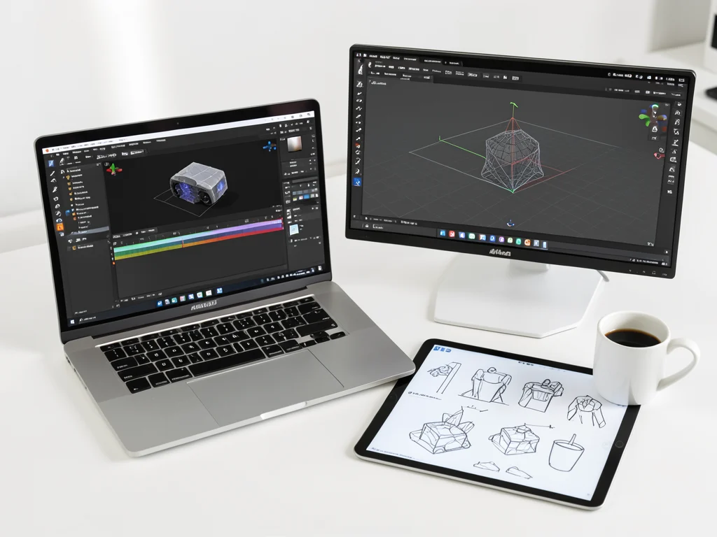 Designer's workstation featuring software like Adobe After Effects and Cinema 4D.