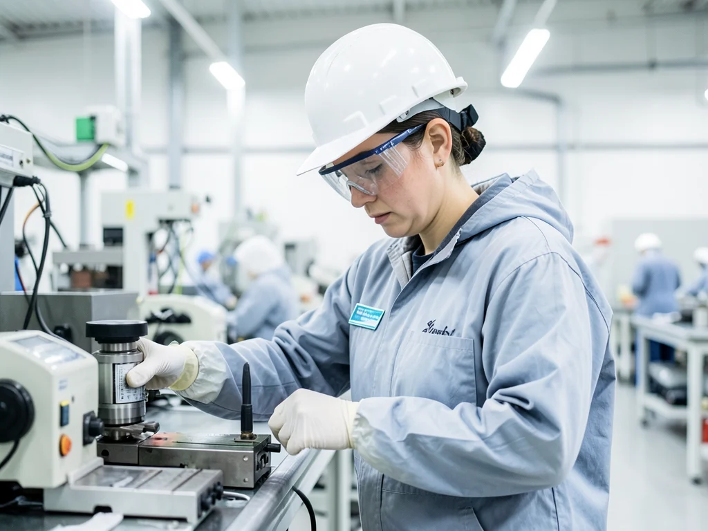 Manufacturing associate adhering to safety protocols with proper PPE.