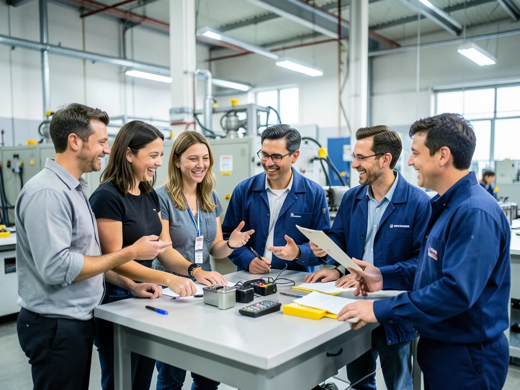 Manufacturing associates collaborating and communicating on the production floor.