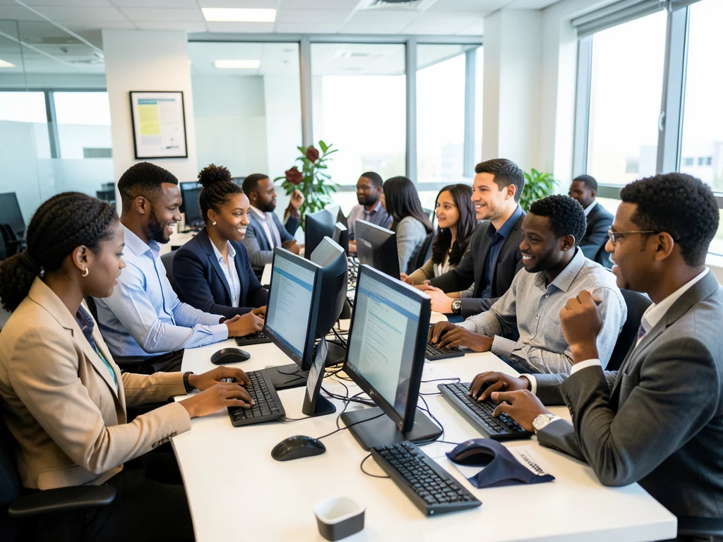 Young adults working in a modern contact centre environment, showcasing the professional setting of the BPO industry.