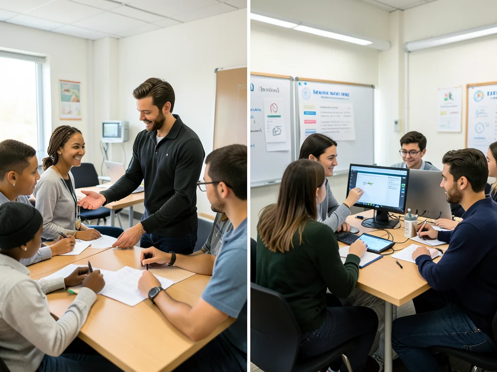Learners engaged in both classroom instruction and practical, on-the-job training for contact centre operations.