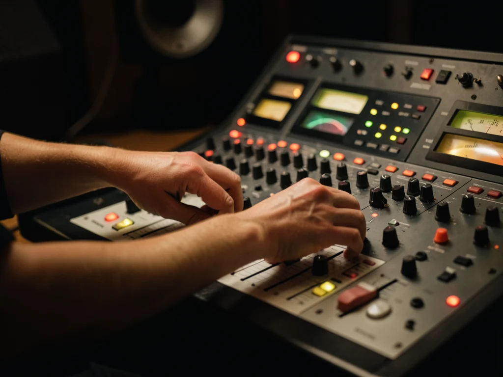 A technical crew member operating audio equipment in a radio studio.