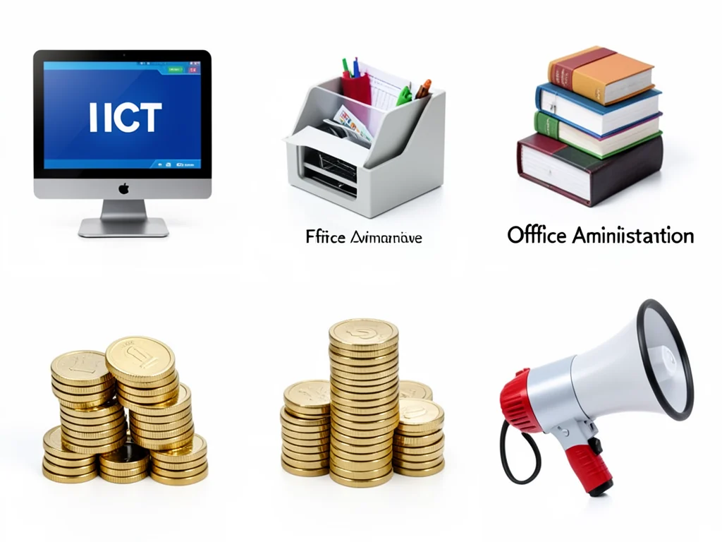 Icons representing career fields for NCV Level 4 graduates: ICT, Office Administration, Finance/Economics/Accounting, and Marketing.