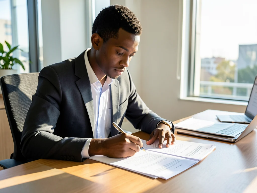 Law graduate intern studying legal documents.