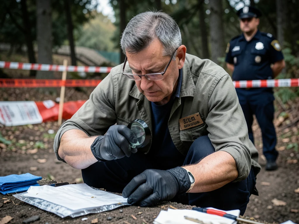 Investigator examining evidence at a scene.