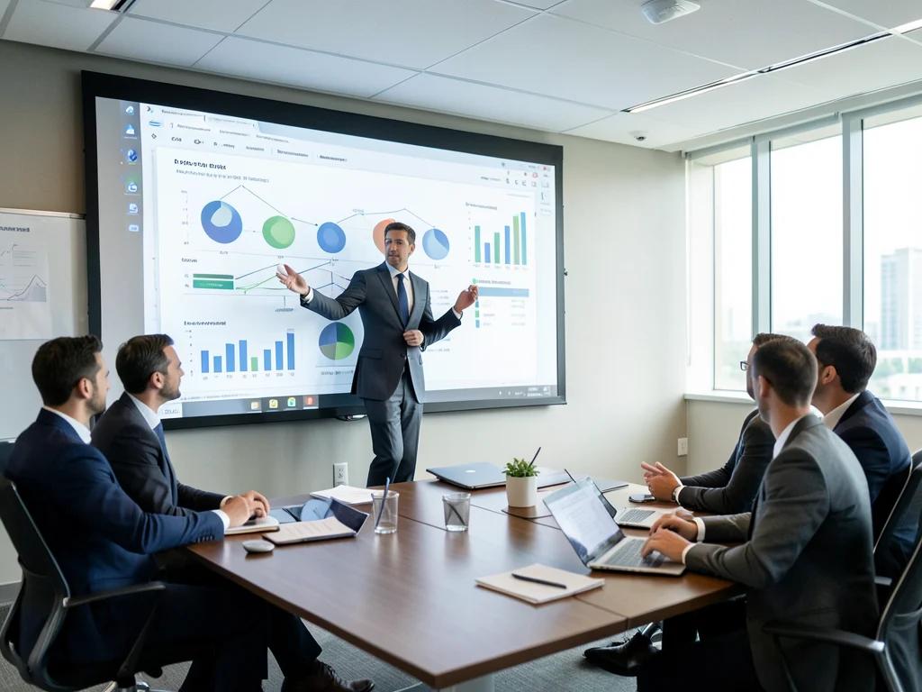 Consultant explaining data analytics to a client, illustrating the role of Information Systems in business.