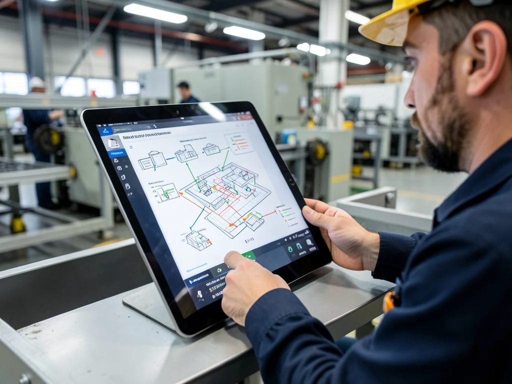 Industrial engineer analyzing a factory layout on a tablet, demonstrating process optimization.