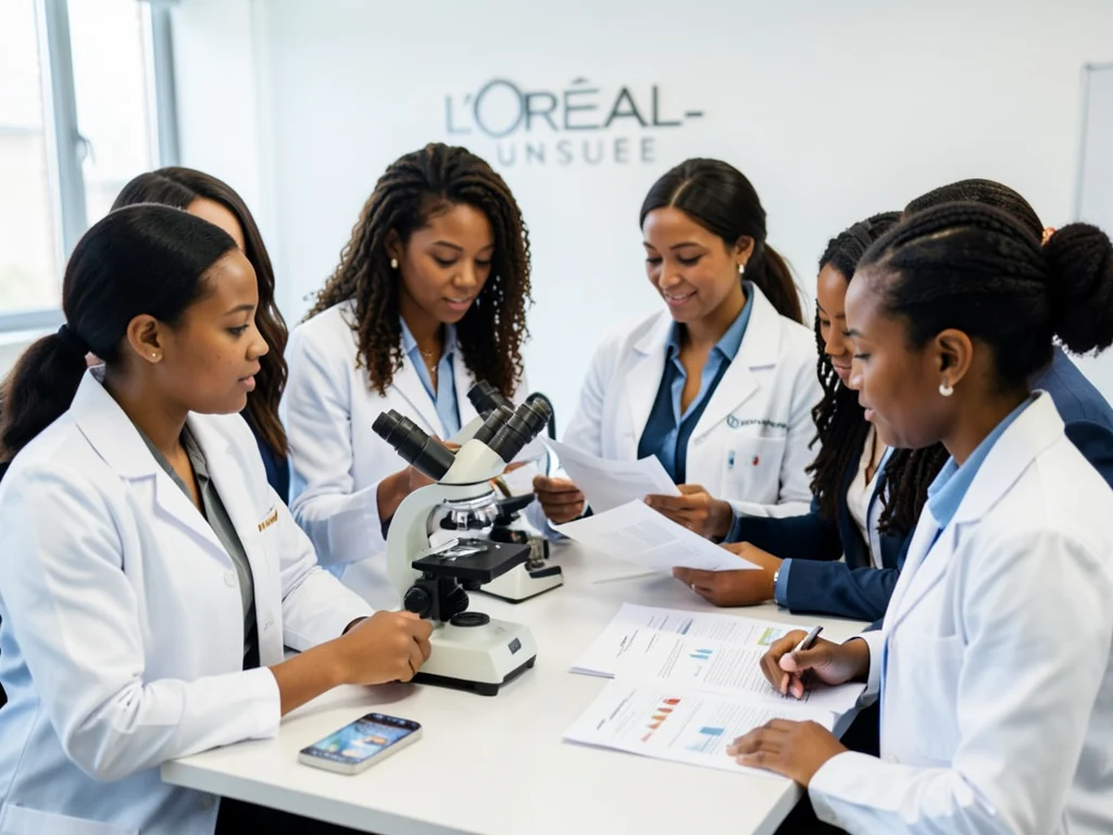 Young South African women engaged in scientific research and collaboration.