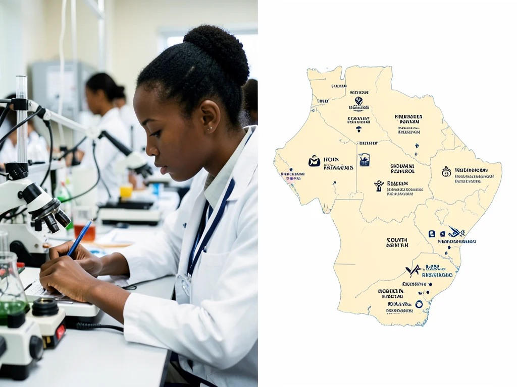 Doctoral student conducting research in a South African lab and a map of South Africa highlighting research locations.