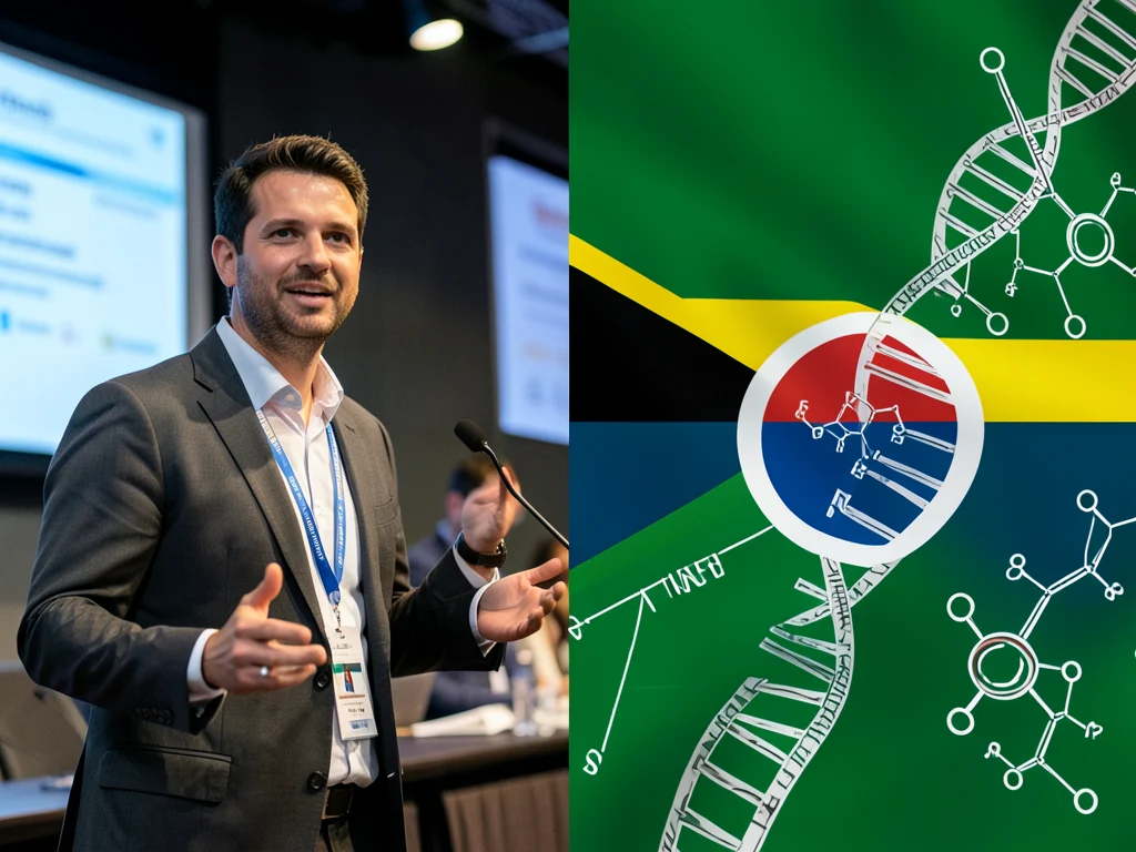 Postdoctoral researcher presenting at a conference and South African flag with scientific symbols.