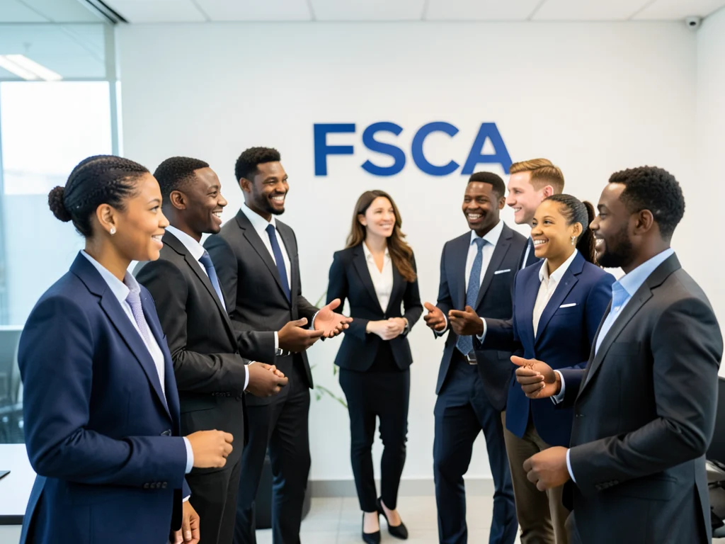 Diverse group of young professionals in a modern office, representing the FSCA's commitment to inclusivity in the financial sector.